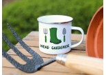white enamel garden mug with the design of welly boots and gardening tools for the head gardener